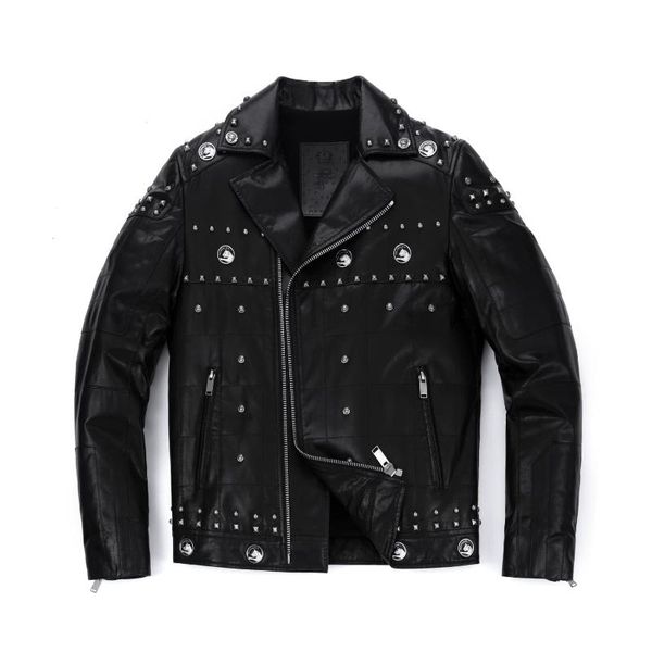 

men's leather & faux black rivet patched punk genuine moto biker jacket