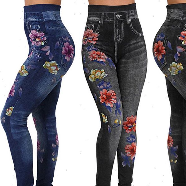 

fashion women legging leggings pants floral print pencil leggins 3xl plus size casual high waist faux denim bottoms, Black