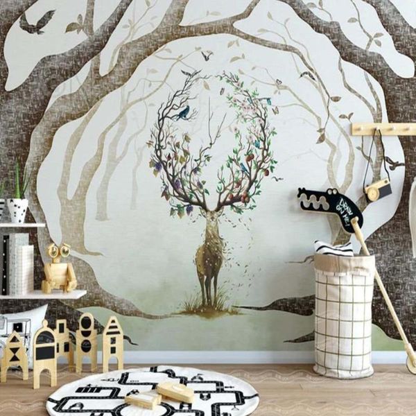 

wallpapers 3d vintage elk animal wallpaper mural home wall murals decals for living room hand painting printed po tree branch
