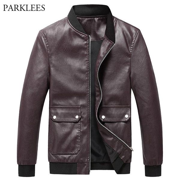 

men's fur & faux stand collar pu leather jacket men 2021 brand big pockets windproof mens jackets and coats casual slim business hommes, Black