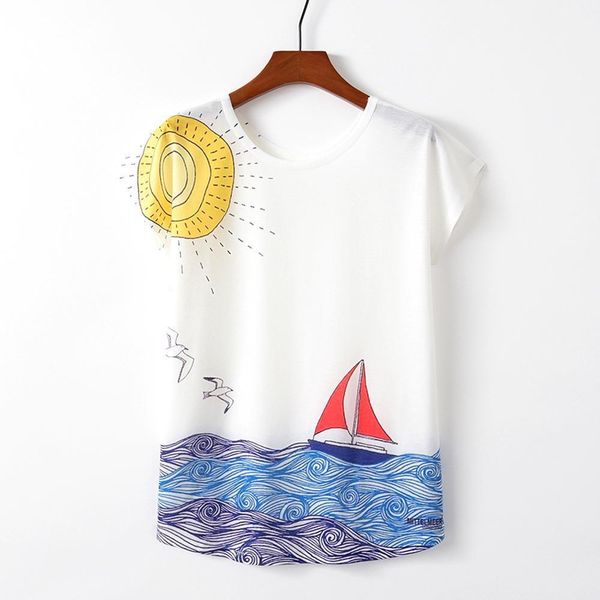 

summer short sleeve bamboo fiber womens t shirt casual weather beaches print anchor female korean cute cotton tees style, White