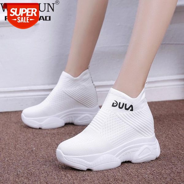 

breathable knitted chunky sneakers women 2020 new autumn solid wedge sock shoes woman thick bottom high female #qo3h