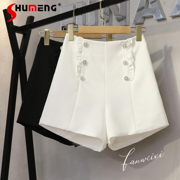 

women's shorts summer 2021 fashion beaded buckle wooden ear wide-leg pants women's all-match high waist loose casual female, White;black