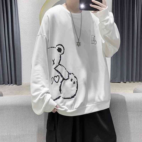 

perth round neck pullover sweater trend cartoon bear print bottom shirt autumn couple long sleeve t-shirt, Black