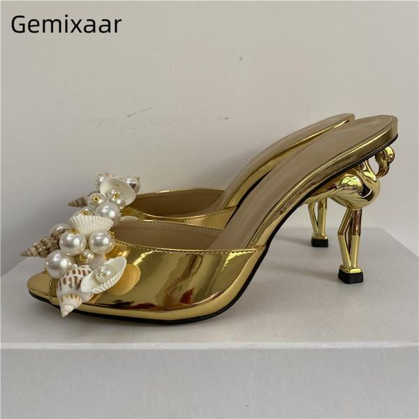 

dress shoes beading pearl shell decor runway mules for girls unique flamingo heel patent leather slingbacks summer sandals women, Black