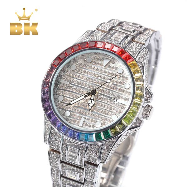 

the bling king baguette cz es rainbow surround full iced out big dial men stainless steel fashion luxury quartz watch, Slivery;brown
