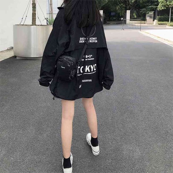 Herbst Koreanische Lose Druck und Patchwork Mode College Jacke Arbeit Kleidung Langarm Frauen 210818