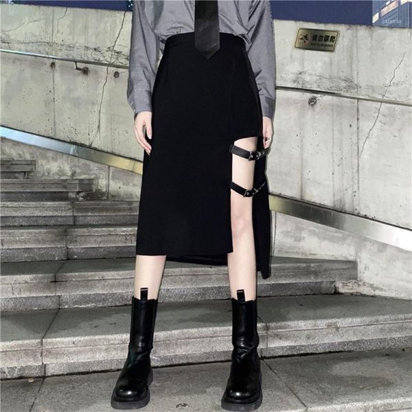 

rosetic punk buckle gothic skirt high waist women midi skirts 2021 summer fashion vintage dragon print causal streetwear black