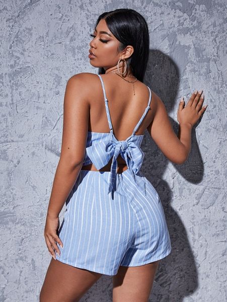 

plus striped tie back cami jumpsuit 75vt#, Black