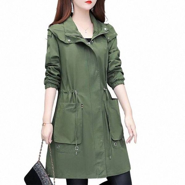 

spring autumn new womens windbreaker casual hooded drawstring female trench coat outerwearies mid long ladies outerwear r1il, Black