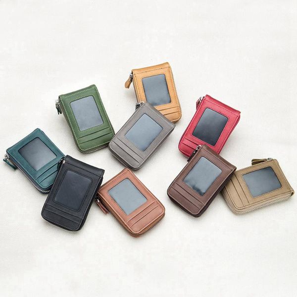 

card holders 1 piece leather brand simple design men and women retro organ zipper id holder rfid travel wallets, Brown;gray