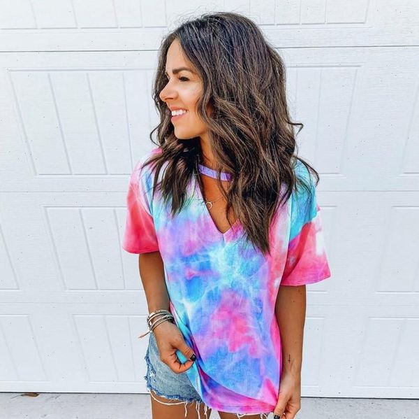 

summer women t shirts tie dye printed v neck short sleeved shirt ladies designer womens loose casual tee large, White