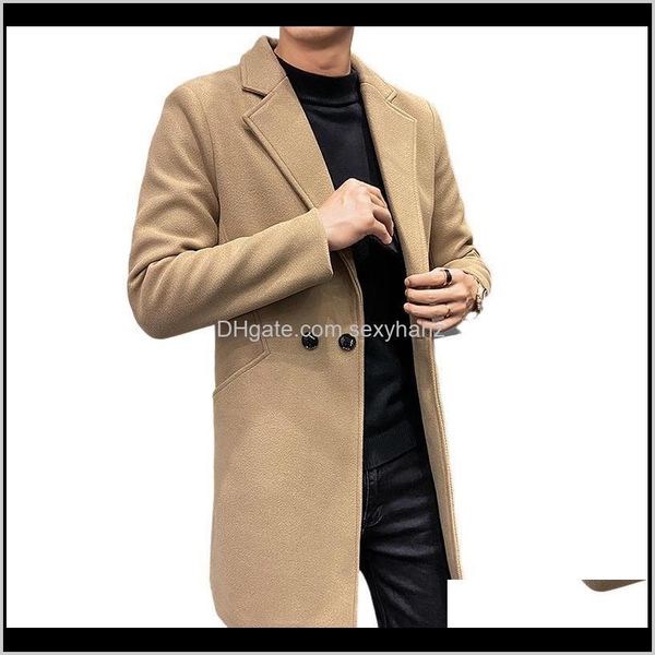 

blends outerwear & coats clothing apparel drop delivery 2021 mens wool trench coat winter long jackets casual slim fit windbreaker solid col, Black