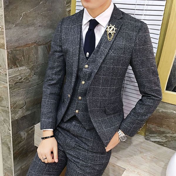 

( jacket + vest + pants ) mens england plaid casual suit mens classic single button official suit groom wedding dress suit 4xl 5xl, White;black