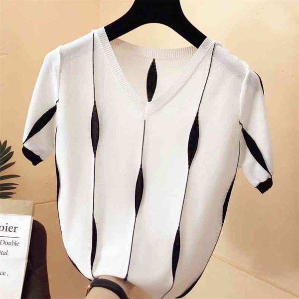 

women spring summer style knitted sweater pullovers lady casual patchwork color v-neck short sleeve pink pullovers 210805, White;black