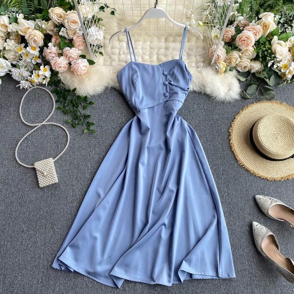 

women spaghetti strap dress summer knee-length bohemian style special button party clothing 210513, Black;gray