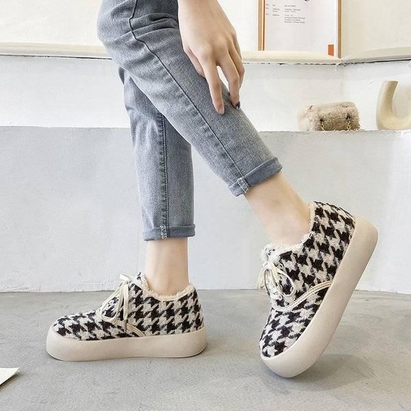 

plush thick-soled bread shoes women's winter tide houndstooth bird hair lazy loafers a pedal big head cotton boots, Black