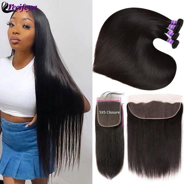 

human hair bulks hd 5x5 lace closure with bundles brazilian straight frontal bone 2/3, Black