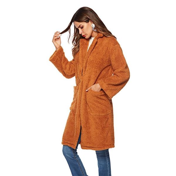 

women's wool & blends winter women faux fur coat luxury long loose lapel overcoat thick warm plus size female plush, Black