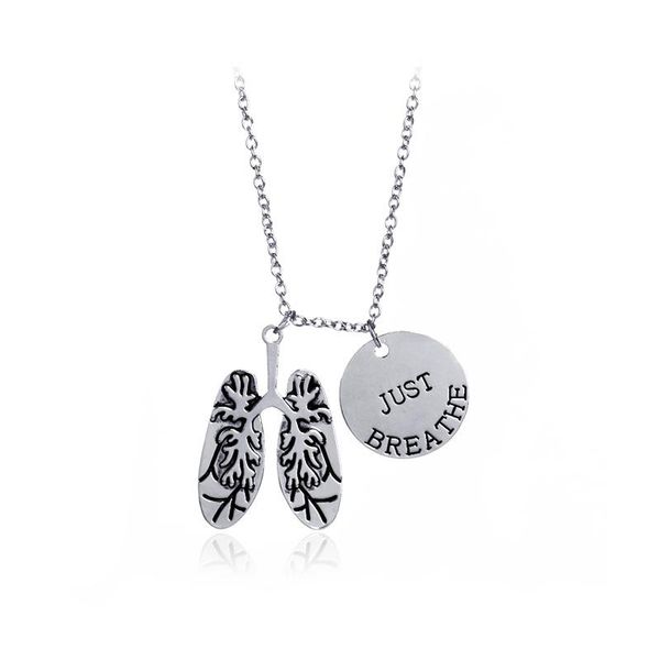 

pendant necklaces human anatomy jewelry engraved just breath disc necklace organ of lung choker for women men keep healthy, Silver