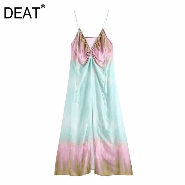 

[deat] summer fashion loose printing tie dye sleeveless knee-length v-neck temperament chic dress women 13q591 210527, Black;gray