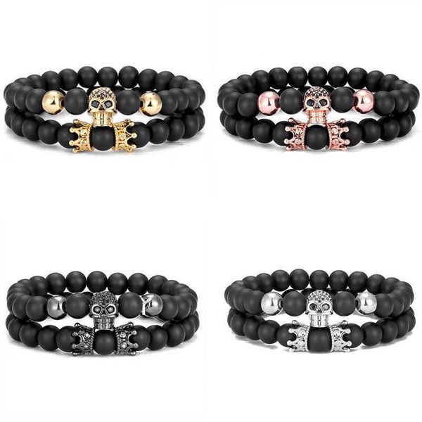 

75%off zircon inlaid skull frosted stone beaded set bracelet a1, Golden;silver