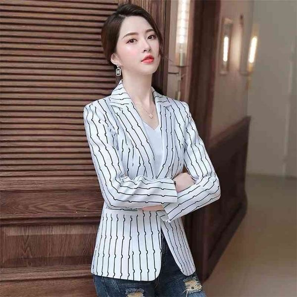 

autumn striped suit jacket female korean version of the temperament wild small incense style slim casual 210416, White;black