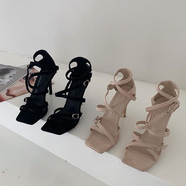 

sandals summer ladies ankle strap women shoes square head sapatos femininos buckle fashion stiletto heel office zapatos, Black