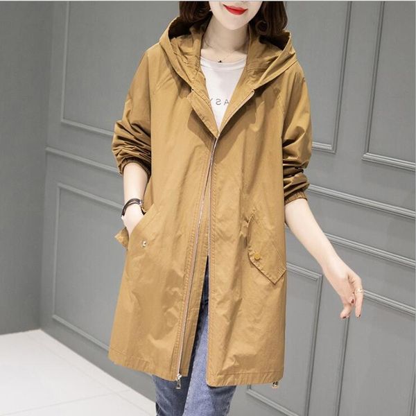 

spring autumn large size 4xl hooded windbreaker coats women's mid-length trench coat 2021 new thin female casual outerwear, Tan;black
