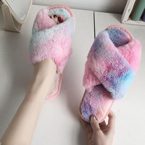 

multi-color women fluffy slipper winter cross-tie plush slippers flat shoes warm faux fur home ladies, Black