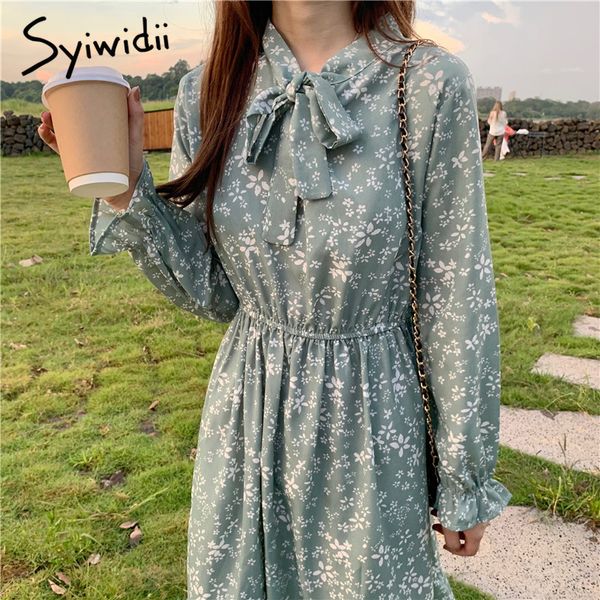 

syiwidii woman dress bow tie elastic waist green birthday dress long sleeve chiffion long sleeve spring summer floral dresses 210417, Black;gray