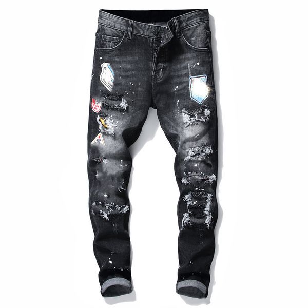 

men badge rips stretch black jeans men's fashion slim fit washed motocycle denim pants panelled hip hop trousers, Blue