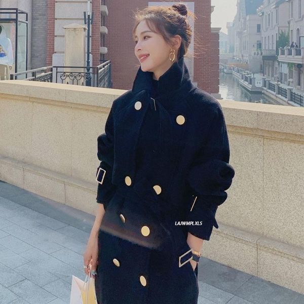 

women's wool & blends korean chic fashion stand-up collar windbreaker black metal double-breasted lace-up thickened long woolen coat wo