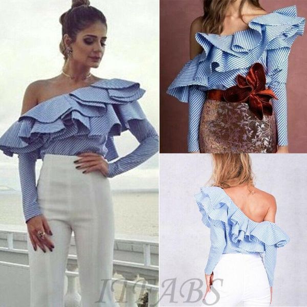 

women's t-shirt women causal ruffle off shoulder streetwear stripe t shirts plus size s-2xl, White