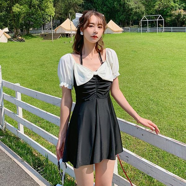 

one-piece suits m-5xl plus size bathing with sleeves black bow swimwear elegant swimdress women one piece 2021 large sizes swimsuit female