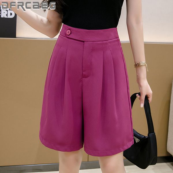 

women's shorts high waist bermuda red black women summer formal solid button up wide leg short pants korean feminina ziyc, White;black