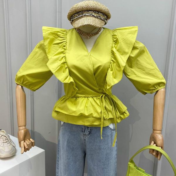 

women's blouses & shirts [ewq] 2021 summer sweet v-neck lantern sleeve womens korea loose ladies shirt ruffled double hem ties blusas, White