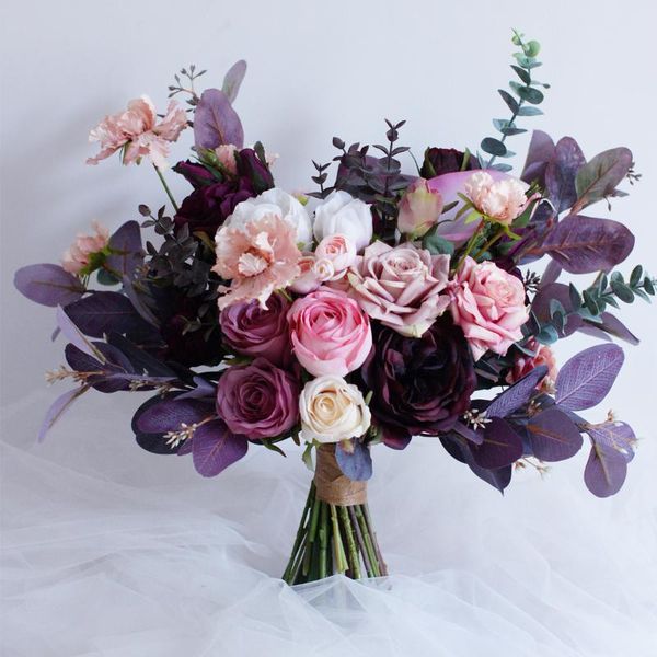 

wedding flowers 2021 bride bouquet dark purple pink roses artificial for accessories