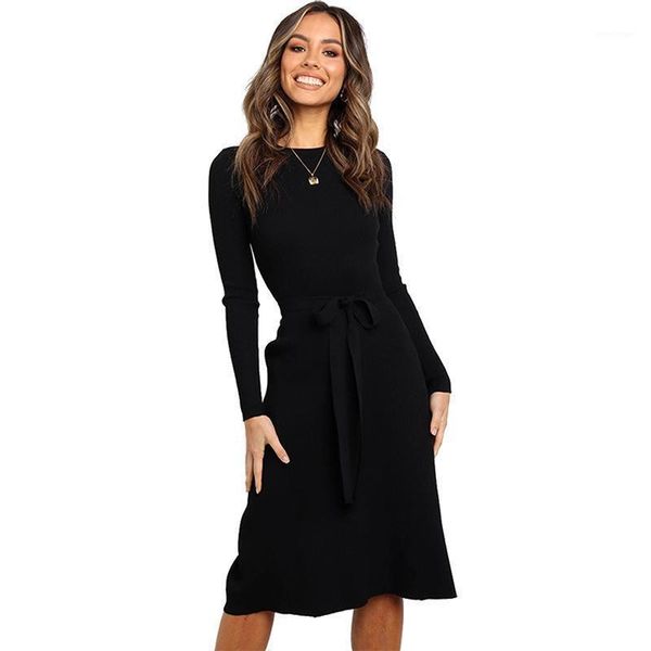 

casual dresses 2021 autumn winter dress knitted women long sleeve thread femme sweater o-neck elegant pullover knitting, Black;gray