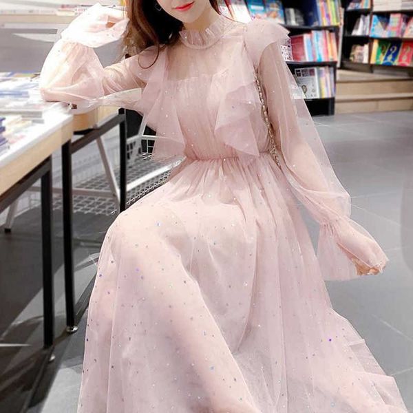 

french mesh fairy dress vintage long sleeve women korean sequins spring female kawaii gothic party clothes 210604, Black;gray
