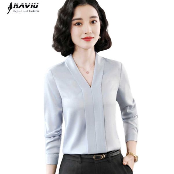 

professional long sleeve v neck chiffon shirt spring fashion loose temperament plus size blouses office ladies work 210604, White