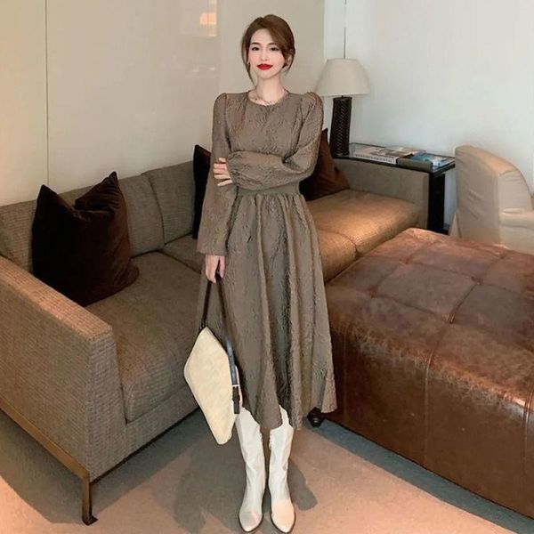 

casual dresses wome 2021 autumn winter retro solid color loose dress female mid-long o-neck ladies long sleeve a-line vestidos v710, Black;gray