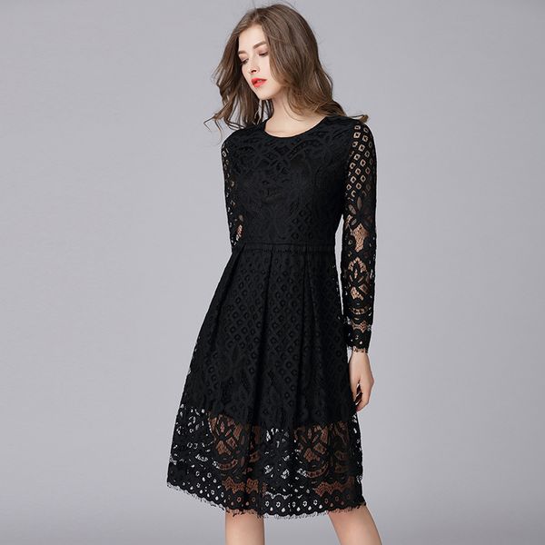 

big yards dresses 2021 spring and autumn women's large eyelash lace medium length slim bla over the knee
