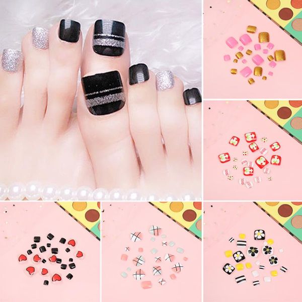 

false nails 24pcs short square fake toenails full cover glitter strip design wearable toe beatiful nail art decor for women girls, Red;gold
