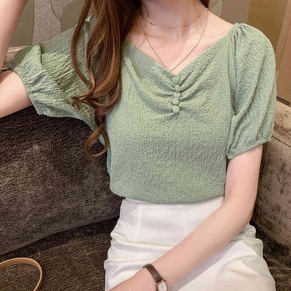 

T-shirt T-shirt 2021 New Short Sleeve Women's small bubble V-neck summer Chiffon Top, White