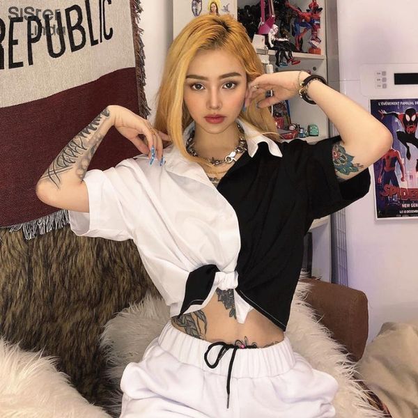 

sisterlinda black white patchwork t shirt women 2021 spring casual street short sleeves lapel simple tees femme outfits women's t-shir