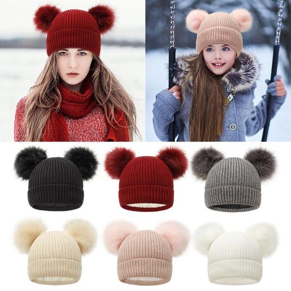 

beanies soft high stretch beanie thick parent-child hat women pompom winter warm caps
