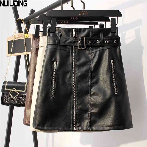 

autumn mini casual a-line women's zipper belt pu leather black a line skirt solid high waist slim skirts female 210514