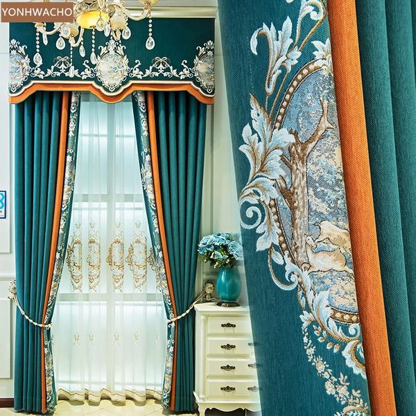 

custom curtain chenille stitching dark blue bedroom shading jacquard thick cloth blackout valance tulle panel c679 & drapes
