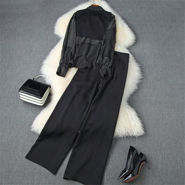

women's two piece pants fashion runway women's suit autumn winter elegant dot print designer blouse + vest 3 piece of clothing akg, White